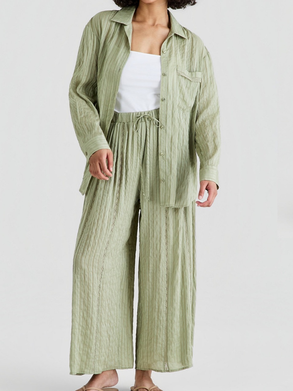 Light Sage Wide-Leg Drawstring Pants -